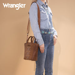 WG211-8014  Wrangler Aztec Embroidered Floral Embossed Tote/Crossbody - Brown