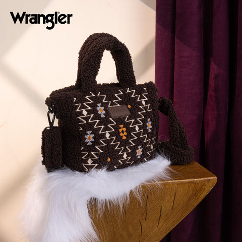WG266-8015  Wrangler Sherpa Aztec Sherpa Small Tote/Crossbody - Coffee