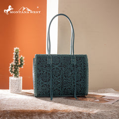 MW1355G-8317TQ  Montana West Tooled Concealed Carry Tote - Turquoise
