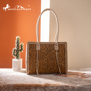MW1355G-8317TN Montana West Tooled Concealed Carry Tote - Tan
