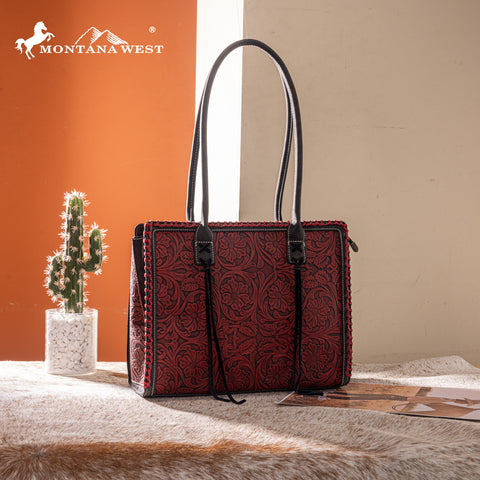 MW1355G-8317BK  Montana West Tooled Concealed Carry Tote - Black