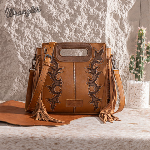 WG193-2003  Wrangler Top Handle Boot Scroll Fringe Tote/Crossbody -Brown