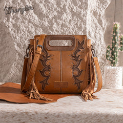 WG193-2003  Wrangler Top Handle Boot Scroll Fringe Tote/Crossbody -Brown