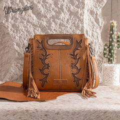WG193-2003  Wrangler Top Handle Boot Scroll Fringe Tote/Crossbody -Brown