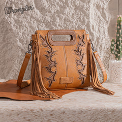 WG193-2003  Wrangler Top Handle Boot Scroll Fringe Tote/Crossbody -Brown