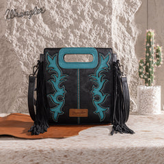WG193-2003  Wrangler Top Handle Boot Scroll Fringe Tote/Crossbody -Black