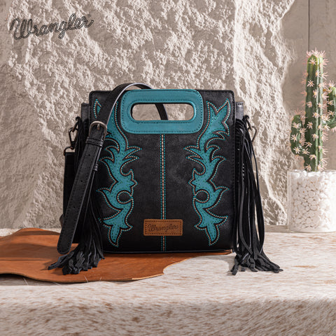 WG193-2003  Wrangler Top Handle Boot Scroll Fringe Tote/Crossbody -Black