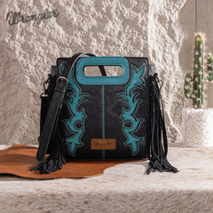 WG193-2003  Wrangler Top Handle Boot Scroll Fringe Tote/Crossbody -Black