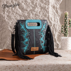 WG193-2003  Wrangler Top Handle Boot Scroll Fringe Tote/Crossbody -Black