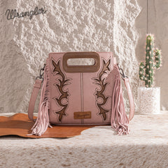 WG193-2003  Wrangler Top Handle Boot Scroll Fringe Tote/Crossbody -Pink
