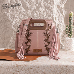 WG193-2003  Wrangler Top Handle Boot Scroll Fringe Tote/Crossbody -Pink