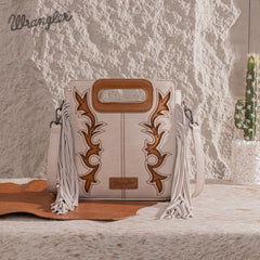 WG193-2003  Wrangler Top Handle Boot Scroll Fringe Tote/Crossbody -Beige