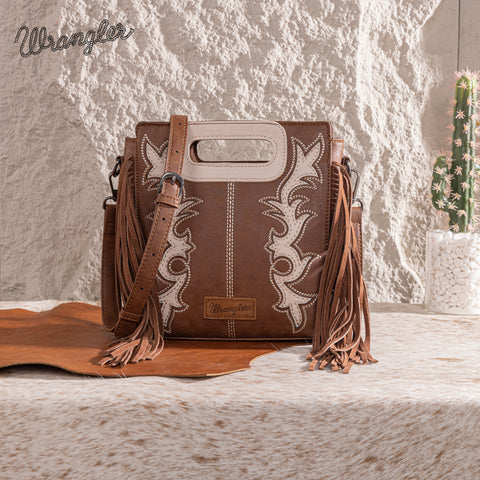 WG193-2003  Wrangler Top Handle Boot Scroll Fringe Tote/Crossbody -Coffee