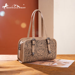 MW1345-8802TN  Montana West Western Tooled Small Satchel Crossbody Bag  -Tan