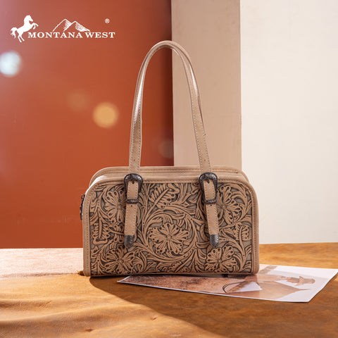 MW1345-8802TN  Montana West Western Tooled Small Satchel Crossbody Bag  -Tan
