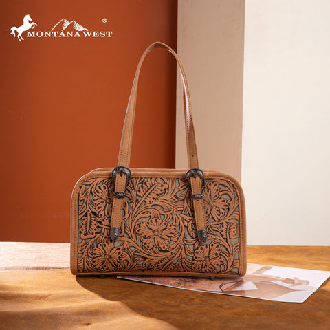 MW1345-8802LBR  Montana West Western Tooled  Mini Satchel Crossbody Bag  -Light Brown