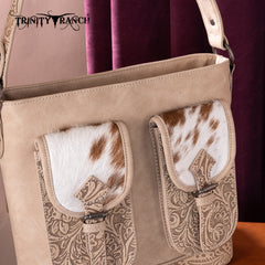 TR185G-918  Trinity Ranch Genuine Hair-On Cowhide Tooled Concealed Carry Hobo Bag- Tan