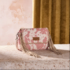 WG444-1818DPK  Wrangler Cow Print Fringe Crossbody Bag - Dark Pink