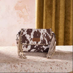 WG444-1818CF   Wrangler Cow Print Fringe Crossbody Bag -Coffee