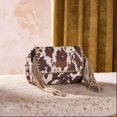 WG444-1818CF   Wrangler Cow Print Fringe Crossbody Bag -Coffee