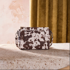 WG444-1818CF   Wrangler Cow Print Fringe Crossbody Bag -Coffee