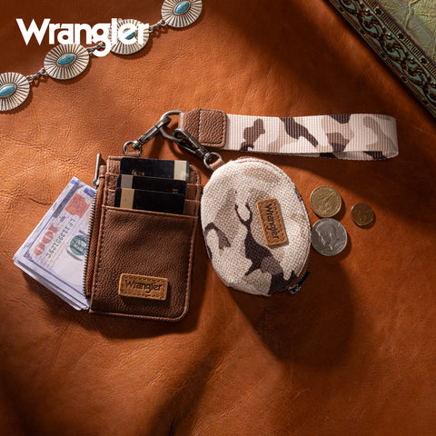 WG286-W0051  Wrangler Camo Print Dual Pouch Wristlet -Brown