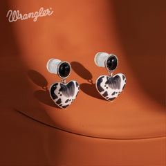 WGE-1129S  Wrangler Silver Cow Print Heart Shape Dangling Earrings - Black