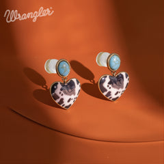 WGE-1129G  Wrangler Gold Cow Print Heart Shape Dangling Earrings - Turquoise