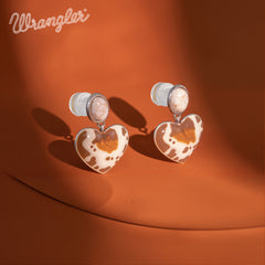 WGE-1129S  Wrangler Silver Cow Print Heart Shape Dangling Earrings - Beige