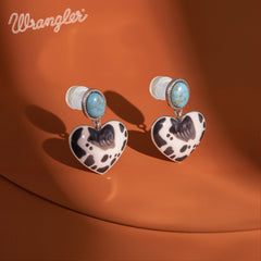WGE-1129S  Wrangler Silver Cow Print Heart Shape Dangling Earrings - Turquoise