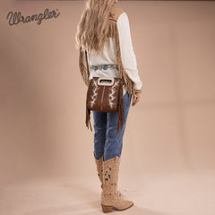 WG193-2003  Wrangler Top Handle Boot Scroll Fringe Tote/Crossbody -Coffee