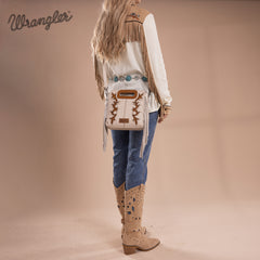 WG193-2003  Wrangler Top Handle Boot Scroll Fringe Tote/Crossbody -Beige
