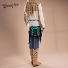 WG193-2003  Wrangler Top Handle Boot Scroll Fringe Tote/Crossbody -Black
