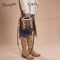 WG193-2003  Wrangler Top Handle Boot Scroll Fringe Tote/Crossbody -Coffee
