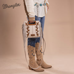 WG193-2003  Wrangler Top Handle Boot Scroll Fringe Tote/Crossbody -Beige
