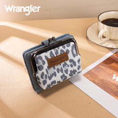 WG366-W116JN Wrangler Western Leopard Print Small Bi-Fold with Kiss Clasp Coin Purse - Jean