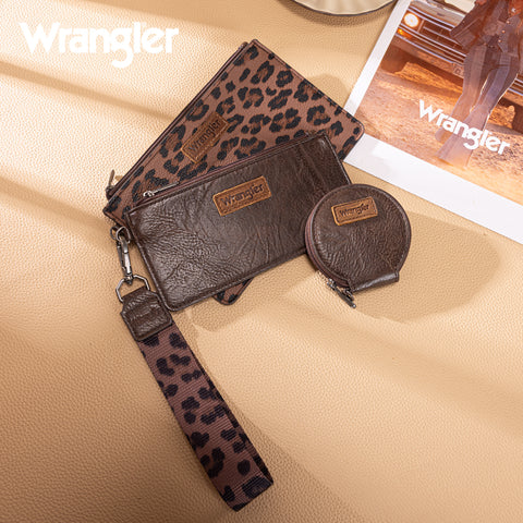 WG366-W114  Wrangler Leopard Print Dual Pouch Wristlet with Zipper Round Case-Coffee
