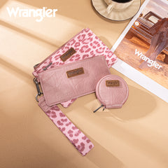 WG366-W114  Wrangler Leopard Print Dual Pouch Wristlet with Zipper Round Case- Dark Pink