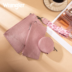 WG366-W114  Wrangler Leopard Print Dual Pouch Wristlet with Zipper Round Case- Dark Pink
