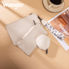 WG366-W114  Wrangler Leopard Print Dual Pouch Wristlet with Zipper Round Case- Beige