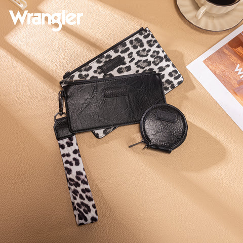 WG366-W114  Wrangler Leopard Print Dual Pouch Wristlet with Zipper Round Case- Black