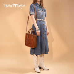 TR192-8368  Trinity Ranch Floral Tooled Collection Tote/Crossbody- Brown