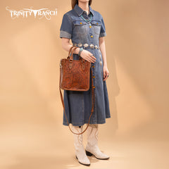 TR192-8368  Trinity Ranch Floral Tooled Collection Tote/Crossbody- Brown
