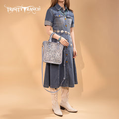 TR192-8368  Trinity Ranch Floral Tooled Collection Tote/Crossbody-Jean