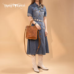 TR192-8368  Trinity Ranch Floral Tooled Collection Tote/Crossbody-Light Brown