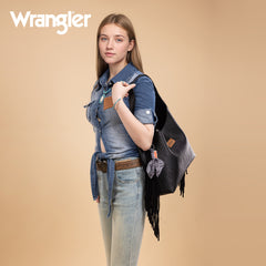WG279-9182BK  Wrangler Fringe Floral Tooled Hobo Bag-Black