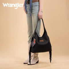 WG279-9182BK  Wrangler Fringe Floral Tooled Hobo Bag-Black