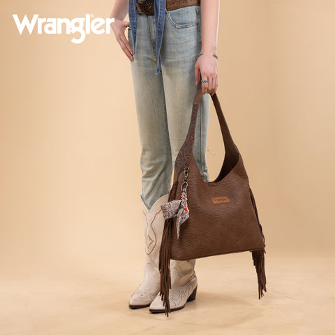 WG279-9182CF  Wrangler Fringe Floral Tooled Hobo Bag-Coffee