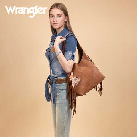WG279-9182BR  Wrangler Fringe Floral Tooled Hobo Bag-Brown