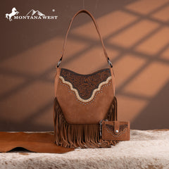 MW1323G-918  Montana West Tooled Fringe Collection Hobo Shoulder Bag